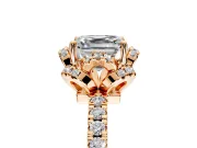 Floral Halo Engagement Ring Setting for Asscher Cut Center with Pave Band and Prong Head in Rose Gold