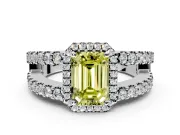 Halo Engagement Ring Setting for Fancy Yellow Emerald Cut Center with Wide-Open Pave Split Shank and Prong Head in Platinum