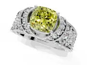 Pave Engagement Ring Setting for Fancy Yellow Cushion Cut Center with Curved Accent Rows, Openwork and Prong Head in Platinum