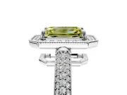 Milgrain Halo Engagement Ring Setting for Fancy Yellow Emerald Cut Center with Three-Sided Pave Band and Prong Head in Platinum