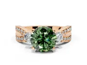 3 Stone Engagement Ring Setting for Fancy Green Round Cut Center with Pave Twist Band and Prong Head in Rose Gold