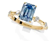 Solitaire Engagement Ring Setting for Fancy Blue Emerald Cut Center with Bezel Station Band and Prong Head in Yellow Gold