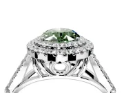 Double Halo Engagement Ring Setting for Fancy Green Oval Center with Narrow Pave Split Shank and Prong Head in Platinum