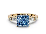 Bar-Set Engagement Ring Setting for Fancy Blue Princess Cut Center with Tapered Baguette Accents and Prong Head in Yellow Gold