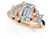 Floral Engagement Ring Setting for Emerald Cut Center with Marquise Cluster Shoulders and Prong Head in Rose Gold