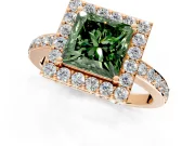 Halo Engagement Ring Setting for Fancy Green Princess Cut Center with Heart-Shaped Openwork, Pave Band and Prong Head in Rose Gold
