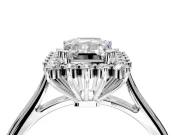 Starburst Halo Engagement Ring Setting for Emerald Cut Center with Thin Round-Wire Band and Prong Head in Platinum