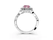 Halo Engagement Ring Setting for Fancy Pink Cushion Cut Center with Leaf Motif Split Shank and Prong Head in Platinum