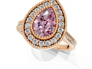 Halo Engagement Ring Setting for Fancy Pink Pear-Shaped Center with Milgrain Frame, Pave Band and Prong Head in Rose Gold