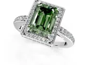 Halo Engagement Ring Setting for Fancy Green Emerald Cut Center with Metal-Rimmed Halo, Pave Band and Prong Head in White Gold