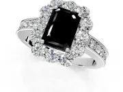 Halo Engagement Ring Setting for Fancy Black Emerald Cut Center with Milgrain Channel Band and Prong Head in White Gold