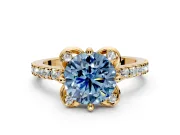 Floral Engagement Ring Setting for Fancy Blue Round Cut Center with Pave Band and Floral Prong Head in Yellow Gold