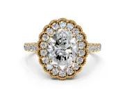 Milgrain Floral Halo Engagement Ring Setting for Oval Center with Pave Band and Prong Head in Yellow Gold
