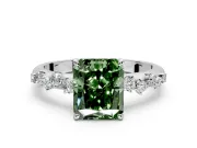 Cluster Engagement Ring Setting for Fancy Green Radiant Cut Center with Round Cut Accent Band and Prong Head in White Gold