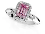 Halo Engagement Ring Setting for Fancy Pink Emerald Cut Center with Tapered Plain Band and Prong Head in Platinum