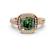 Halo Engagement Ring Setting for Fancy Green Cushion Cut Center with Framed Halo, Pave Band and Prong Head in Rose Gold
