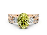 3 Stone Engagement Ring Setting for Fancy Yellow Oval Center with Pave Twist Band and Prong Head in Rose Gold