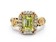 Halo Engagement Ring Setting for Fancy Yellow Emerald Cut Center with Open Scroll Shoulders and Prong Head in Yellow Gold