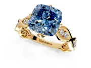Solitaire Engagement Ring Setting for Fancy Blue Cushion Cut Center with Accented Twist Band and Leaf Prong Head in Yellow Gold