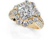 Large Accent Halo Engagement Ring Setting for Princess Cut Center with Pave Split Shank and Prong Head in Yellow Gold