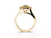 Halo Engagement Ring Setting for Fancy Green Pear-Shaped Center with Milgrain Frame, Pave Band and Prong Head in Yellow Gold