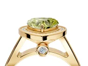 Halo Engagement Ring Setting for Fancy Yellow Heart-Shaped Center with Outer Bezel Rim, Pave Band and Prong Head in Yellow Gold