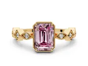 Milgrain Bezel Engagement Ring Setting for Fancy Pink Emerald Cut Center with Marquise Stations and Bezel Head in Yellow Gold