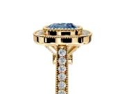 Halo Engagement Ring Setting for Fancy Blue Cushion Cut Center with Milgrain Frame, Pave Band and Prong Head in Yellow Gold