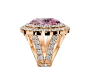 Double Halo Engagement Ring Setting for Fancy Pink Oval Center with Narrow Pave Split Shank and Prong Head in Rose Gold