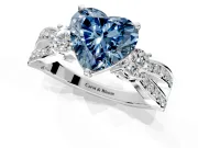 3 Stone Engagement Ring Setting for Fancy Blue Heart-Shaped Center with Pave Twist Band and Prong Head in Platinum
