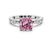 Solitaire Engagement Ring Setting for Fancy Pink Cushion Cut Center with Beaded Bezel Station Band and Prong Head in Platinum