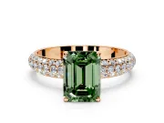 Solitaire Engagement Ring Setting for Fancy Green Emerald Cut Center with Domed Multi-Row Pave Band and Prong Head in Rose Gold