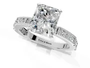 Solitaire Engagement Ring Setting for Radiant Cut Center with Milgrain-Edged Pave Band and Prong Head in Platinum