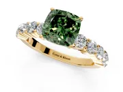 Shared-Prong Engagement Ring Setting for Fancy Green Cushion Cut Center with Graduated Accents and Prong Head in Yellow Gold
