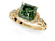 Solitaire Engagement Ring Setting for Fancy Green Princess Cut Center with Filigree Band and Prong Head in Yellow Gold