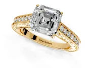 Solitaire Engagement Ring Setting for Asscher Cut Center with Engraved Pave Band and Prong Head in Yellow Gold
