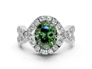 Halo Engagement Ring Setting for Fancy Green Oval Center with Pave Infinity Twist Band and Prong Head in Platinum
