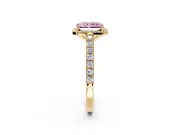 Halo Engagement Ring Setting for Fancy Pink Radiant Cut Center with Full Pave Band and Prong Head in Yellow Gold