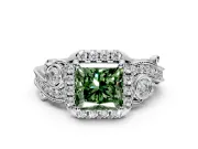 Milgrain Halo Engagement Ring Setting for Fancy Green Princess Cut Center with Shoulder Bezels and Prong Head in Sterling Silver