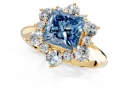 Small-Accent Cluster Halo Engagement Ring Setting for Fancy Blue Princess Cut Center with Plain Band and Prong Head in Yellow Gold