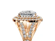 Double Halo Engagement Ring Setting for Radiant Cut Center with Narrow Pave Split Shank and Prong Head in Rose Gold