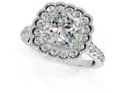 Milgrain Floral Halo Engagement Ring Setting for Cushion Cut Center with Pave Band and Prong Head in White Gold