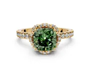 Halo Engagement Ring Setting for Fancy Green Cushion Cut Center with Openwork Halo, Pave Band and Prong Head in Yellow Gold