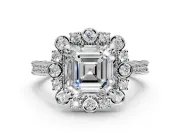 Milgrain Halo Engagement Ring Setting for Asscher Cut Center with Bezel Point Accents and Prong Head in Platinum