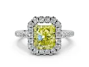 Pave Halo Engagement Ring Setting for Fancy Yellow Radiant Cut Center with Single Row Pave Band and Prong Head in White Gold
