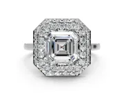 Halo Engagement Ring Setting for Asscher Cut Center with Plain Tapered Band and Prong Head in Platinum