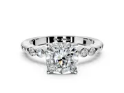 Solitaire Engagement Ring Setting for Cushion Cut Center with Bezel-Dot Beaded Band and Prong Head in Sterling Silver