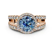 Halo Engagement Ring Setting for Fancy Blue Round Cut Center with Wide-Open Pave Split Shank and Prong Head in Rose Gold