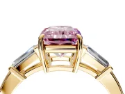3 Stone Engagement Ring Setting for Fancy Pink Radiant Cut Center with Baguette Accents and Prong Head in Yellow Gold