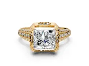 Solitaire Engagement Ring Setting for Princess Cut Center with Accented Split Shank and Prong Head in Yellow Gold